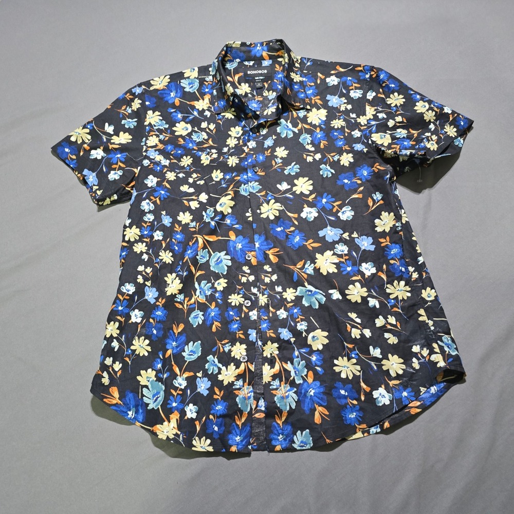 Bonobos Button Down Shirt Mens M Black Blue Floral Slim Fit Short Sleeve Stretch
